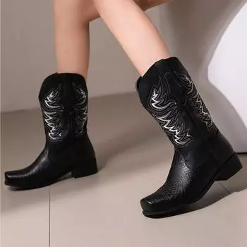 Модные женские сапоги до середины икры больших размеров, зимние удобные черные ковбойские сапоги в стиле вестерн с вышивкой, большие размеры 45 50 34 чёрный