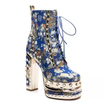 Модные женские сапоги до середины икры в римском уличном стиле, низкие ботильоны на квадратном каблуке 14 см, новая осенне-зимняя женская обувь с вышивкой и жемчугом 34 темно-синий
