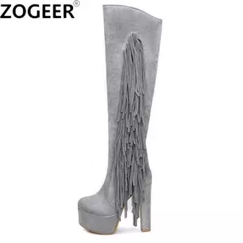 Модные женские сапоги из флока до колена, модные сапоги на высоком каблуке с бахромой, женские туфли на платформе для вечеринок и вечеринок, женские, большой размер 48 34 бежевый