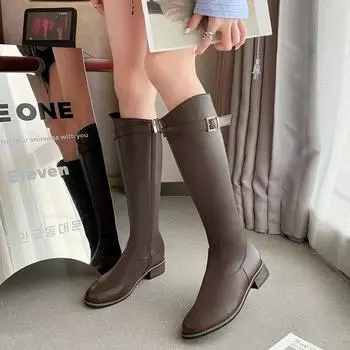 Модные женские сапоги из кожи, высокие рыцарские сапоги до колена, на молнии, на толстом каблуке, с пряжкой, женские туфли, осень-зима, коричневые, на платформе, дизайнерские женские 35 чёрный