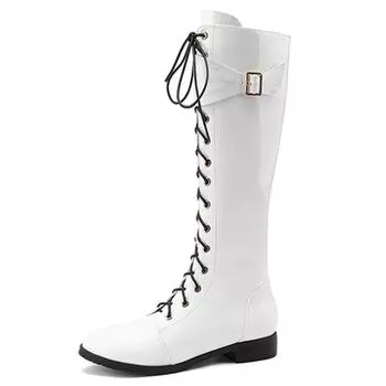 Модные женские сапоги из натуральной кожи, высокие сапоги до колена, зимняя обувь, сексуальные черные, белые, на шнуровке, на низком каблуке, праздничные туфли, сапоги для девочек, большой размер 48 34
