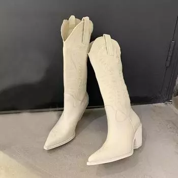 Модные женские сапоги из тисненой микрофибры с острым носком, ковбойские сапоги в западном стиле, женские сапоги до колена, толстые сапоги на танкетке, женские 35 бежевый