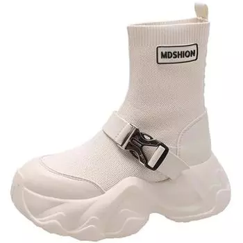 Модные женские сапоги Marton на толстой подошве с высоким голенищем, осень 2024 г., новые повседневные эластичные носки на платформе, короткие сапоги до середины голени на высоком каблуке 34 бежевый