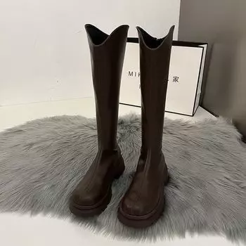 Модные женские сапоги, модные повседневные нескользящие сапоги на молнии до колена, женские удобные круглые сапоги на платформе, женские зимние сапоги из искусственной кожи 35 бежевый