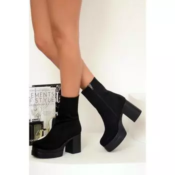 Модные женские сапоги на каблуке с высокой подошвой и застежкой-молнией 37-454-22Замша