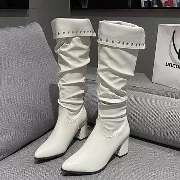 Модные женские сапоги на открытом воздухе, однотонные, квадратный каблук, 2024, горячая распродажа, зимние, с острым носком, женские сапоги выше колена, сапоги Botines De Mujer 35 бежевый