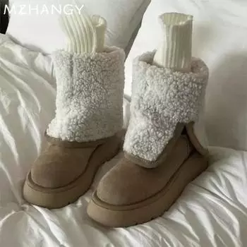 Модные женские сапоги на платформе, высокие сапоги из замши, на плоской подошве, меховые, модные теплые туфли для женщин, тренд 2025 года, новые короткие плюшевые удобные мотоциклетные сапоги Mujer 35 абрикосовый