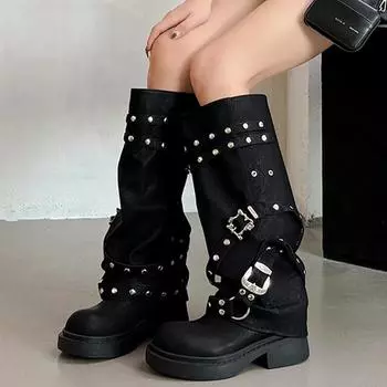 Модные женские сапоги на среднем каблуке, высокие кожаные сапоги, новые модные сапоги до колена, женские дизайнерские сапоги «Челси», прогулочные сапоги в стиле панк-женщины, мотоциклетные сапоги 35 чёрный