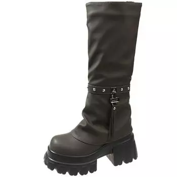 Модные женские сапоги на толстой платформе до колена, кожаные сапоги в стиле панк, каблук 9 см, новые осенне-зимние теплые меховые туфли, мотоциклетные сапоги 34 серый
