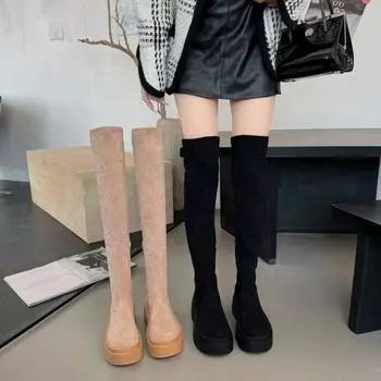 Модные женские сапоги на высоком каблуке 2024 года, осень-зима, модные эластичные сапоги из искусственной замши, женские длинные сапоги в стиле ретро, сапоги-носки средней высоты 35 чёрный