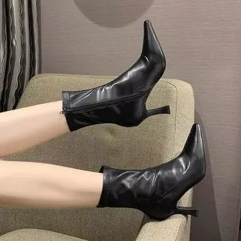 Модные женские сапоги на высоком каблуке, осень и зима, новые модные ботильоны, шпильки с острым носком, эластичная молния, короткие сапоги, Botas De Mujer 34 чёрный