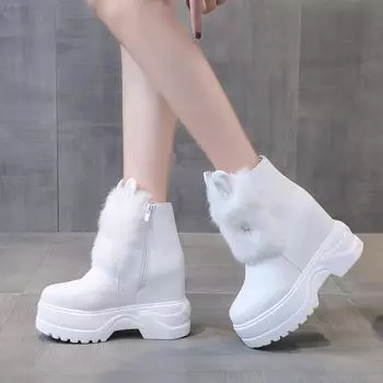 Модные женские сапоги на высоком каблуке с скрытым танкеткой, модные зимние женские туфли с меховым кроликом, теплые меховые туфли на платформе, женские белые зимние сапоги до щиколотки 34 чёрный