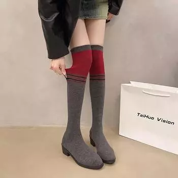 Модные женские сапоги-носки на толстом каблуке с тонким вязаным круглым носком, подходящие по цвету, весна-осень 2024, сексуальные эластичные длинные сапоги выше колена 35 серый