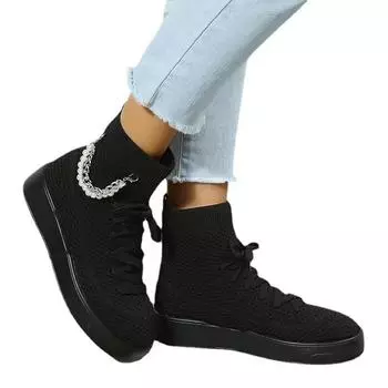 Модные женские сапоги-носки Повседневная обувь на плоской подошве Осенние вязаные сапоги Короткие сапоги на шнуровке Сапоги на платформе Mujer 2024 Женские сапоги 36 бежевый