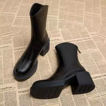 Модные женские сапоги осень и зима 2024 года, новые короткие сапоги на высоком каблуке, женская весенне-осенняя обувь для женщин, квадратный каблук до середины икры 35 коричневый