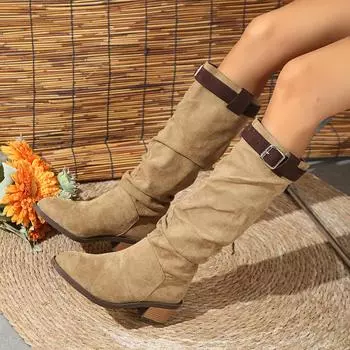 Модные женские сапоги осень-зима модные новые сексуальные однотонные теплые туфли женские с круглым носком толстые низкие каблуки удобные сапоги женские 36 хаки