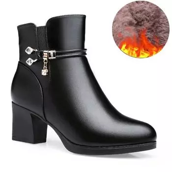 Модные женские сапоги, осенние, черные, с круглым носком, универсальные, на высоком каблуке, зимние, плюшевые, теплые, на молнии, ботильоны для женщин, Botas Mujer 35