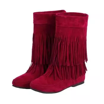 Модные женские сапоги с кисточками, зимние, новые, богемные, с флокированием, дизайн Monica, сапоги до середины голени, теплые, с плюшевой подкладкой, на платформе, с молнией, высокие сапоги до колена 34 красный