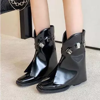 Модные женские сапоги с квадратным носком и вставкой из замка, сапоги-трубы, рыцарские сапоги из лакированной кожи с замковыми вставками 35