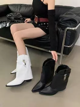 модные женские сапоги с острым носком до середины голени, черные, белые, с заклепками, на толстом высоком каблуке, модные туфли для женщин с боковой молнией 2024 года 7.5 чёрный