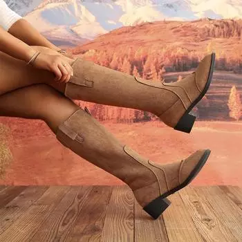 Модные женские сапоги с острым носком до колена, замшевые туфли на плоской подошве, зимняя мода 2024 года, новые сапоги «Челси», сексуальное платье, прогулочный бренд Mujer Zapatos 36 коричневый