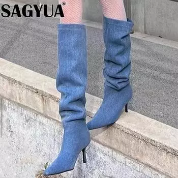 модные женские сапоги с острым носком до колена на высоком каблуке, тренд 2025 года, сексуальные ковбойские плиссированные сапоги «челси», дизайнерские туфли-лодочки для выпускного вечера Mujer Botas 35 темно-синий