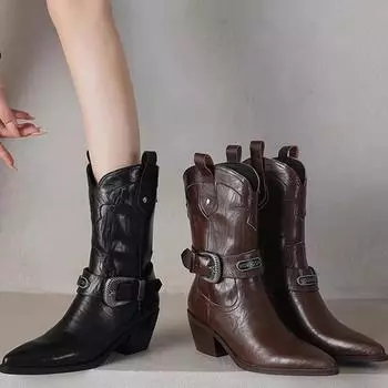 Модные женские сапоги с острым носком и средней высотой каблука, обувь на среднем каблуке 2024 года, дизайнерские новые ботинки челси, туфли-лодочки, сексуальные готические брендовые женские сапоги 35 коричневый