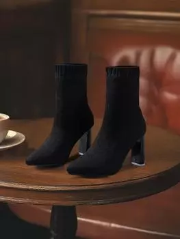 Модные женские сапоги с острым носком и высоким каблуком для женщин. Современные квадратные сапоги Thel, модные однотонные сапоги для улицы. 36 чёрный