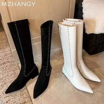 Модные женские сапоги с острым носком, кожаные сексуальные туфли на каблуках, элегантные женские туфли 2024 года, новые модные ботинки «Челси», роскошные женские мотоциклетные сапоги 35 бежевый