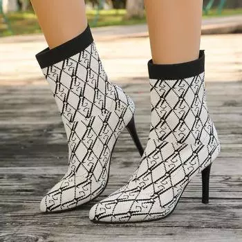 Модные женские сапоги с острым носком Модные принты Тонкие носки Сапоги Сексуальные носки и сапоги на шпильках Женская обувь на высоком каблуке 35 белый
