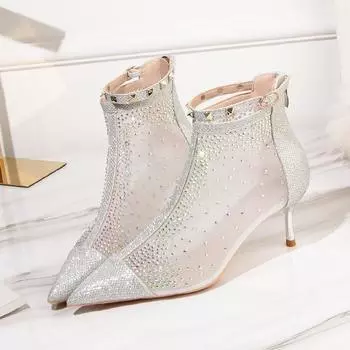 Модные женские сапоги с острым носком, тонкие сапоги со стразами, на тонком каблуке, на высоком каблуке, в сетку, тонкие короткие сапоги 34 серебряный
