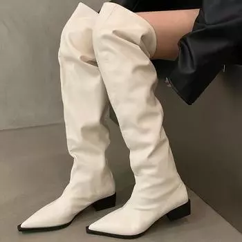 Модные женские сапоги с острым носком, высокие сапоги на среднем каблуке, кожаные сапоги «Челси», модные туфли для вечеринок, туфли-лодочки, сексуальные прогулочные сапоги в готическом стиле для женщин 35 чёрный