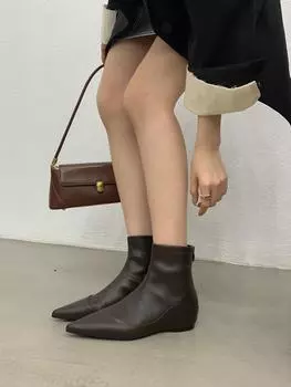 Модные женские сапоги с острым носком, женские сапоги на танкетке с застежкой-молнией сзади, эластичные сапоги для женщин, модное платье, низкий каблук, размер 35-39, короткие сапоги 6.5 коричневый