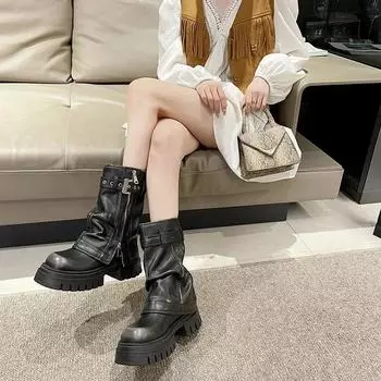 Модные женские сапоги с пряжкой на ремне и боковой молнией, с круглым носком, до середины икры, 2024 г. Новые туфли для женщин, женские сапоги, модные высококачественные современные сапоги 35 чёрный