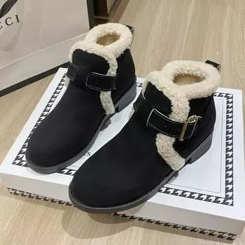 Модные женские сапоги с пряжкой, зимние замшевые, с круглым носком, однотонные, короткие, на низком каблуке, большого размера 35 чёрный