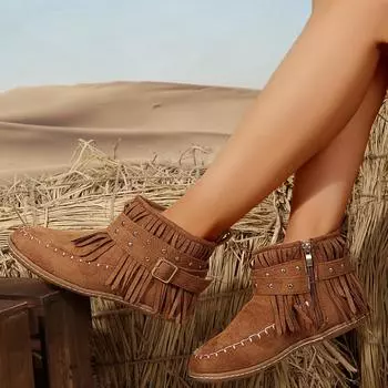 Модные женские сапоги в стиле бохо с кисточками в стиле ретро, искусственные туфли, замшевые короткие сапоги с пряжкой и ремешком, женские сапоги большого размера 43 на плоском каблуке в стиле вестерн 36 бежевый