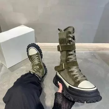 Модные женские сапоги в стиле панк, женские сапоги до середины голени, женские дизайнерские туфли в стиле пэчворк, украшения на ремне с пряжкой, мотоциклетные сапоги Botte Femme 35 чёрный