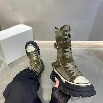 Модные женские сапоги в стиле панк, женские сапоги до середины голени, женские дизайнерские туфли в стиле пэчворк, украшения на ремне с пряжкой, мотоциклетные сапоги Botte Femme 35 зелёный