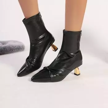 Модные женские сапоги весна и осень остроносые ботильоны на тонком каблуке модные ретро платья высокие каблуки туфли для женщин Botas De Mujer 35 чёрный