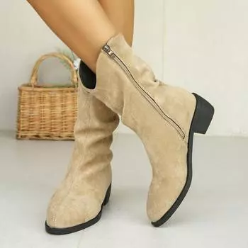 Модные женские сапоги весна и осень зима новые сапоги большие замшевые ботильоны на низком каблуке для женщин коричневые длинные удобные туфли для женщин 35 чёрный