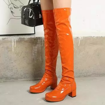 Модные женские сапоги выше колена из лакированной кожи, зимние, высокие, женские, на платформе, зеленые, желтые, длинные, женские, большого размера 34 чёрный
