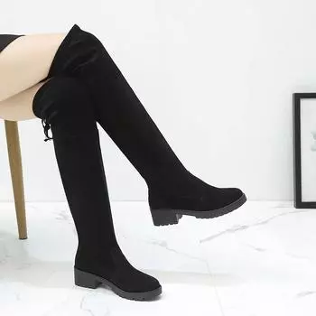 Модные женские сапоги выше колена из замши на высоком каблуке 4,5 см, со шнуровкой, длинные сапоги, осенне-зимняя теплая женская обувь, тонкие сапоги до бедра, вечерние 35 чёрный