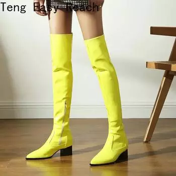 Модные женские сапоги выше колена на молнии, лакированные кожаные флуоресцентные желтые высокие сапоги, женская осенне-зимняя обувь на квадратном каблуке, 39 34