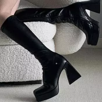 Модные женские сапоги выше колена на толстой платформе, женские осенне-зимние сапоги на высоком каблуке из искусственной кожи, длинные сапоги, женские модные мотоциклетные ботинки 34