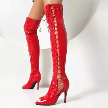 Модные женские сапоги выше колена, сексуальные, на шнуровке, лакированные, красные, для ночного клуба, танцевальная обувь для вечеринок, женские, большого размера, новинка 2024 года, лето 34 чёрный