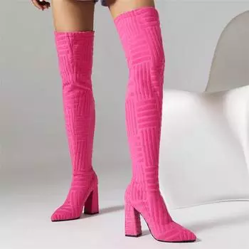 Модные женские сапоги выше колена, зимние, сексуальные, розовые, синие, на каблуках, высокие сапоги для вечеринок, танцевальная обувь для вечеринок, большой размер 45 34 чёрный