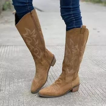 Модные женские сапоги, вышитые ковбойские сапоги в стиле вестерн, высокие сапоги на блочном каблуке, туфли на платформе из искусственной кожи, женские сапоги в стиле ретро Zapatos 36