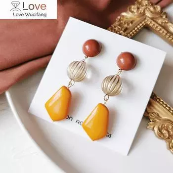 Модные женские серьги-клипсы из желтой смолы с квадратным камнем без пирсинга, геометрические круглые дисковые серьги-клипсы на серьгах