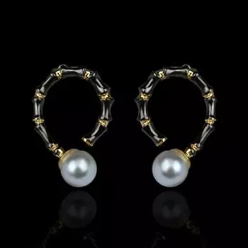 Модные женские серьги с преувеличенным бамбуковым узором, серьги-кольца с инкрустацией жемчугом, вечерние ювелирные изделия, изысканные серьги чёрный