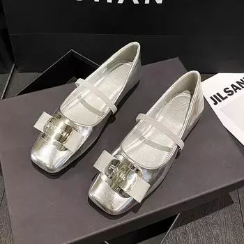 Модные женские серебряные балетки Женские летние модные туфли на плоской подошве с квадратным носком Небольшие массивные туфли Женские туфли Мэри Джейн на плоской подошве с бантом 35 чёрный